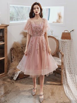 Pink Tulle Short Formal Dress with Lace, Pink Homecoming Dress
