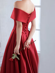 Red Satin Off Shoulder A-line Floor Length Prom Dress, Red Evening Dress