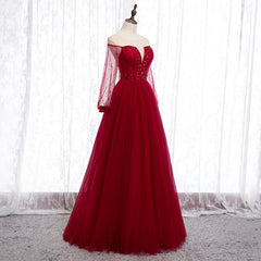 Wine Red Long Sleeves Round Neckline Beaded Party Dress, Wine Red Long Prom Dress