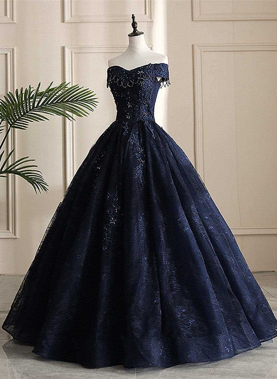 Navy Blue Sweetheart with Lace Applique Sweet 16 Dress, Blue Long Formal Dress Navy Blue Sweetheart with Lace Applique Sweet 16 Dress, Blue Long Formal Dress