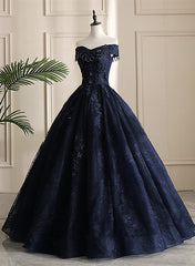 Navy Blue Sweetheart with Lace Applique Sweet 16 Dress, Blue Long Formal Dress