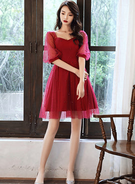 Wine Red Short Sleeves Homecoming Dress, Dark Red Short Formal Dress