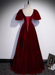 Wine Red Velvet Puffy Short Sleeves Party Dress, Velvet Long Bridesmaid Dress