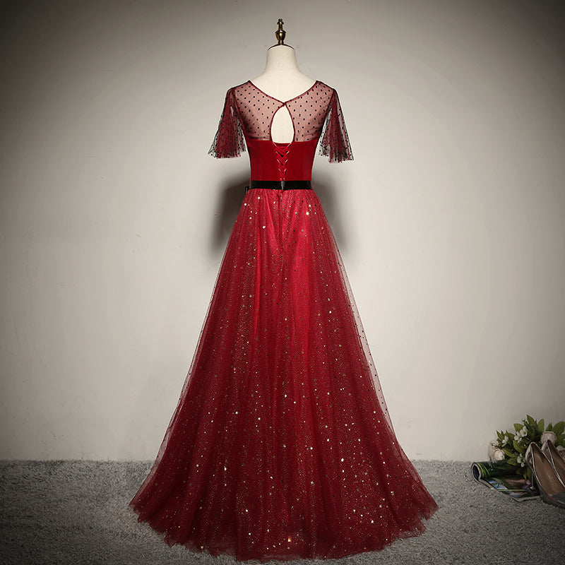 Red Tulle with Velvet Round Neckline Top Party Dress, A-line Evening Dress