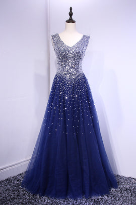 Beautiful Blue Tulle V-neckline Long Party Dress, Sequins Formal Gown