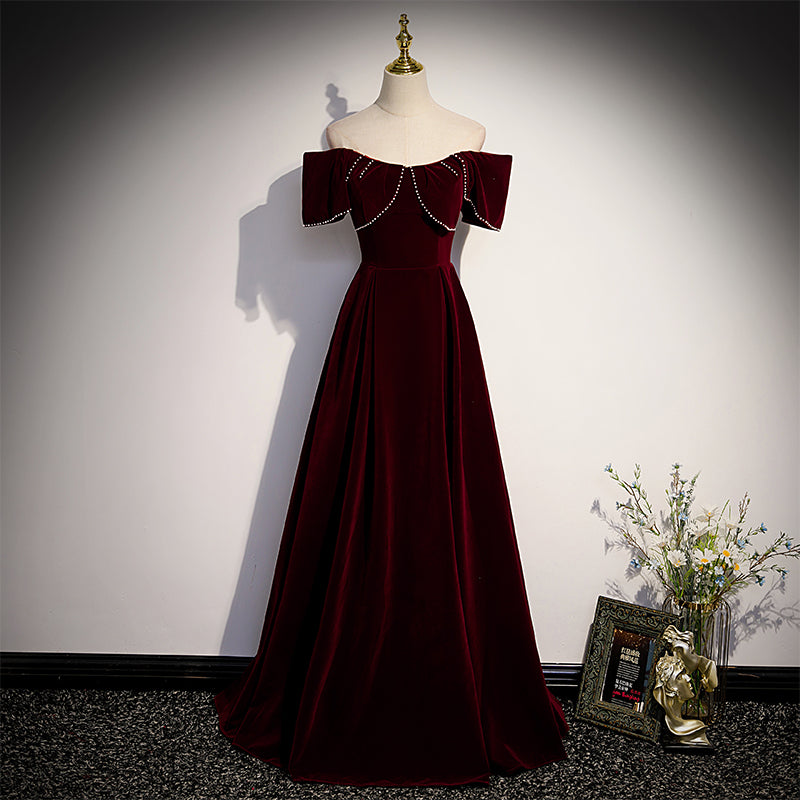 Wine Red Velvet Off the Shoulder Beaded Long Party Dress Prom Dress, D Cutedressy Wine Red Velvet Off the Shoulder Beaded Long Party Dress Prom Dress, D Cutedressy