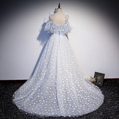 Light blue Tulle Straps Flowers Long Formal Dress, Blue Prom Dress Party Dress
