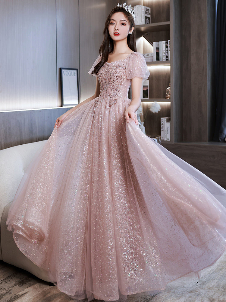 Shiny Tulle Pink Short Sleeves Sweetheart Prom Dress, A-line Pink Tulle Evening Dress