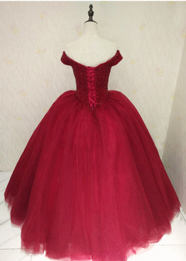 Beautiful Wine Red Off Shoulder Sweet 16 Gowns, Party Dresses , Sparkle Formal Dress
