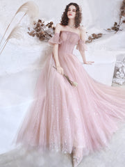 Cute Pink Tulle Long Formal Gown, A-line Off Shoulder Floor Length Prom Dress