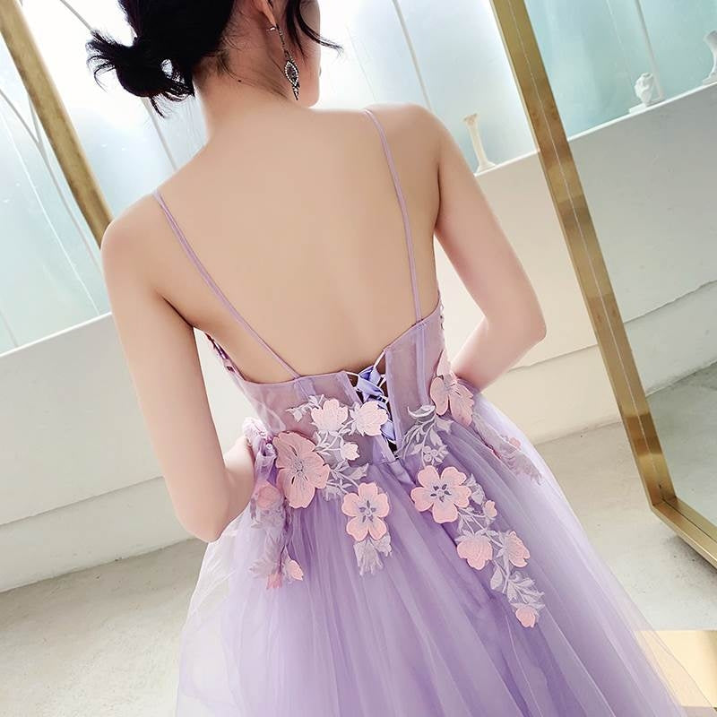 Charming Lavender Tulle A-line Party Dress with Lace, Prom Dress