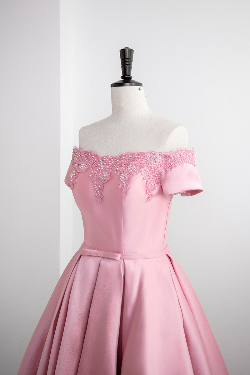 Lovely Pink Satin Short Party Dress Homecoming Dress, Off Shoulder Prom Dress