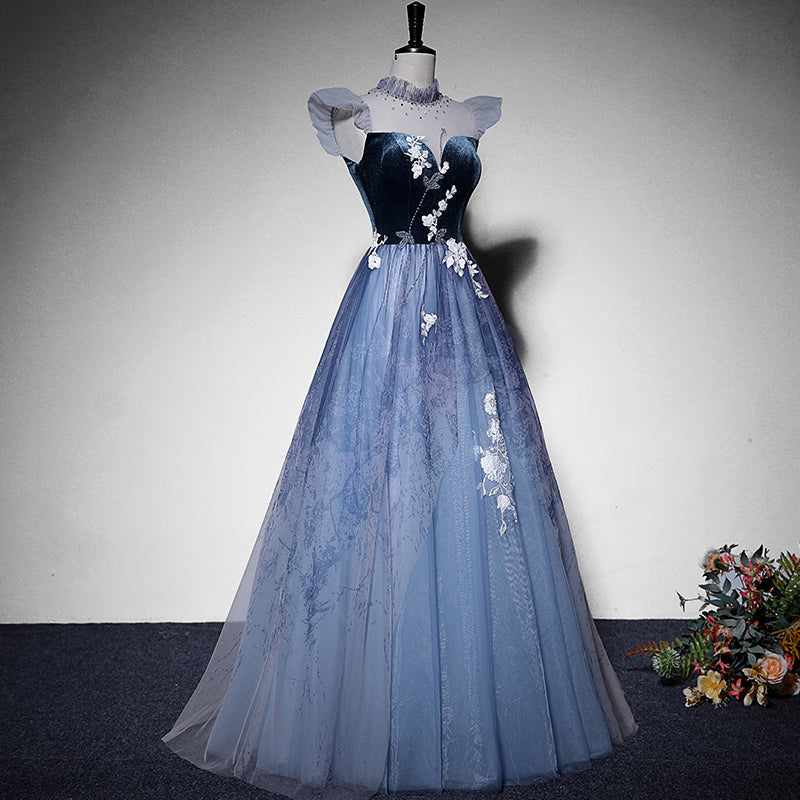 Blue Short Sleeves Tulle with Lace Long Party Dress, Blue Formal Gowns