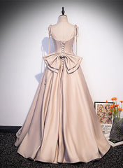 Pink Satin Scoop Long Party Dress with Bow, Straps Satin Evening Dress Party Dress