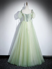 Light Green Tulle Off Shoulder Straps Party Dress, A-line Green Prom Dress