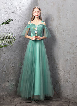 A-line Tulle Blue Floor Length Party Dress, Simple Prom Dress Long Wedding Party Dress