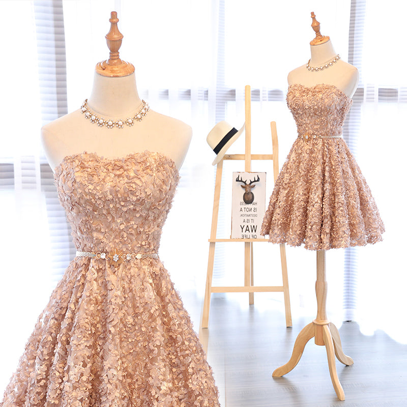 Lovely Champagne Knee Length Party Dress , Lace Floral Homecoming Dress