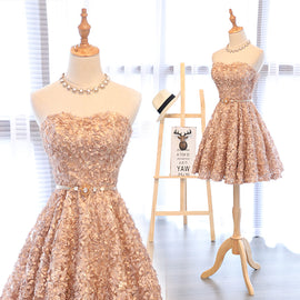 Lovely Champagne Knee Length Party Dress , Lace Floral Homecoming Dress