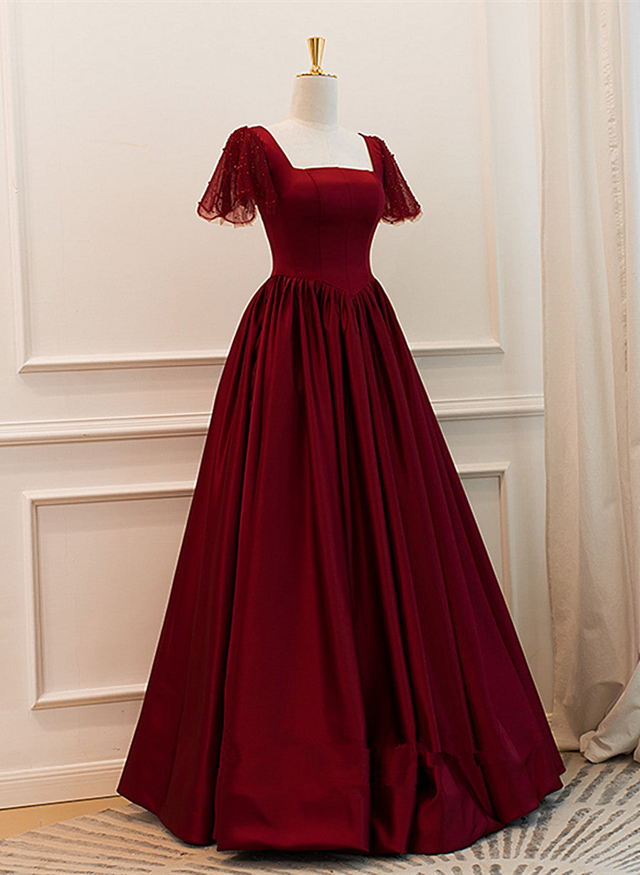 Wine Red Satin A-line Floor Length Party Dress, Wine Red Evening Dress