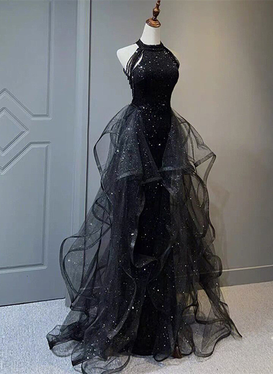 Black Halter Shiny Tulle Long Party Dress with Beadings, Black Tulle P β Cutedressy