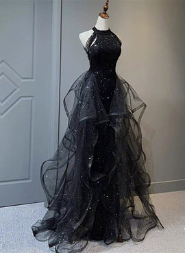 Black Halter Shiny Tulle Long Party Dress with Beadings, Black Tulle Prom Dress