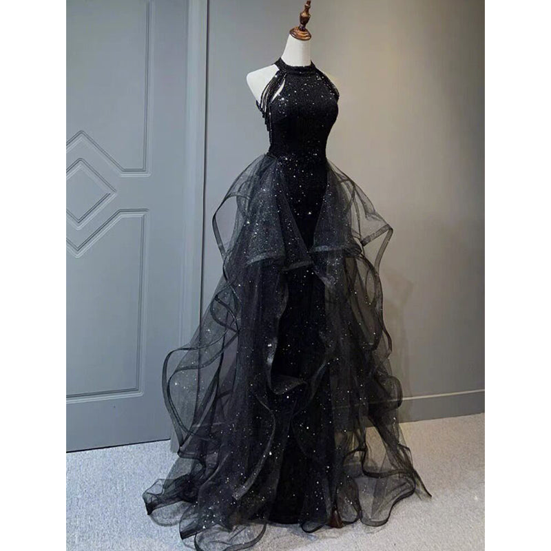 Black Halter Shiny Tulle Long Party Dress with Beadings, Black Tulle P ...