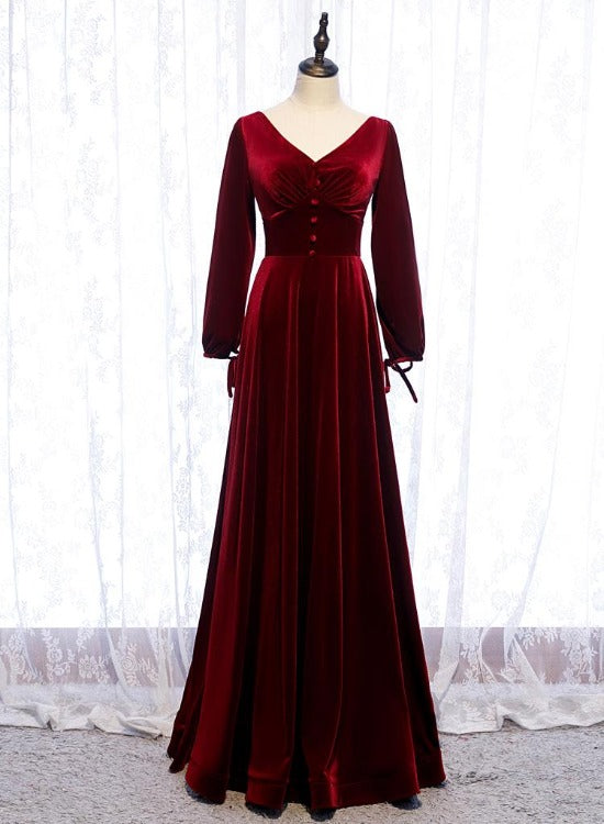 Charming Dark Red Velvet Long Sleeves A-line Party Dress, Bridesmaid Dress