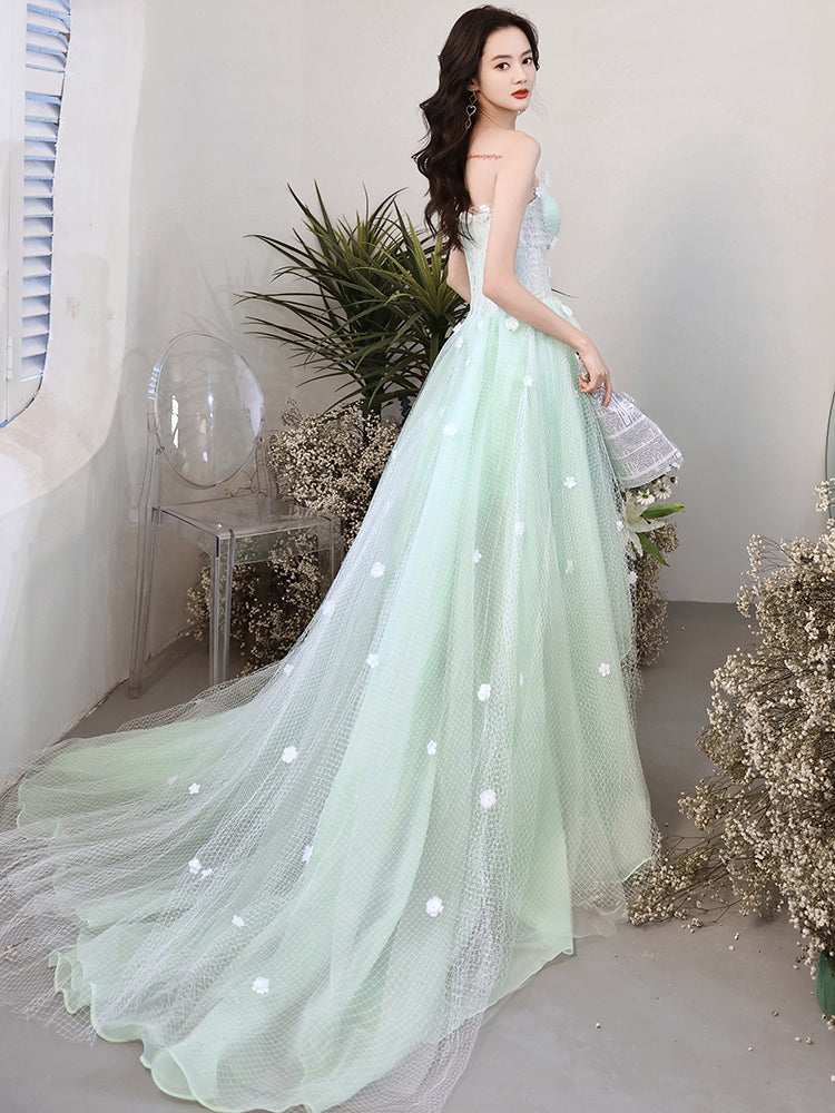 Light Mint Green Flowers Beautiful Long Tulle Party Dress, Light Green Formal Dress Evening Dress