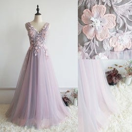 Lovely Pink V-neckline Floral Lace Party Dress, Pink Formal Dress