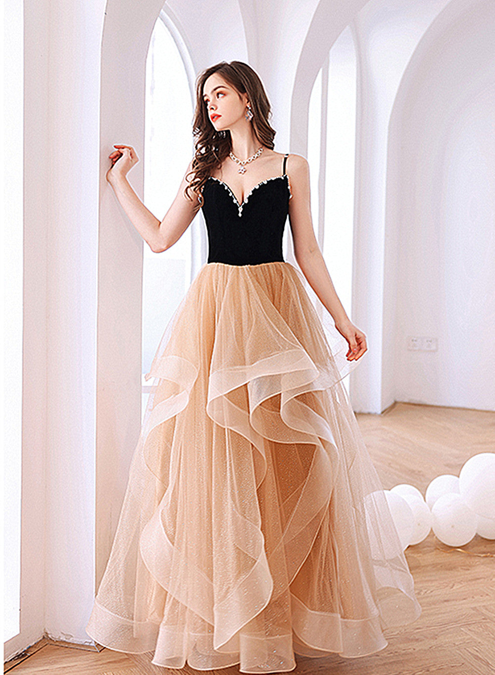 Champagne Layers Tulle with Velvet Straps Party Dress, Long Evening Gown