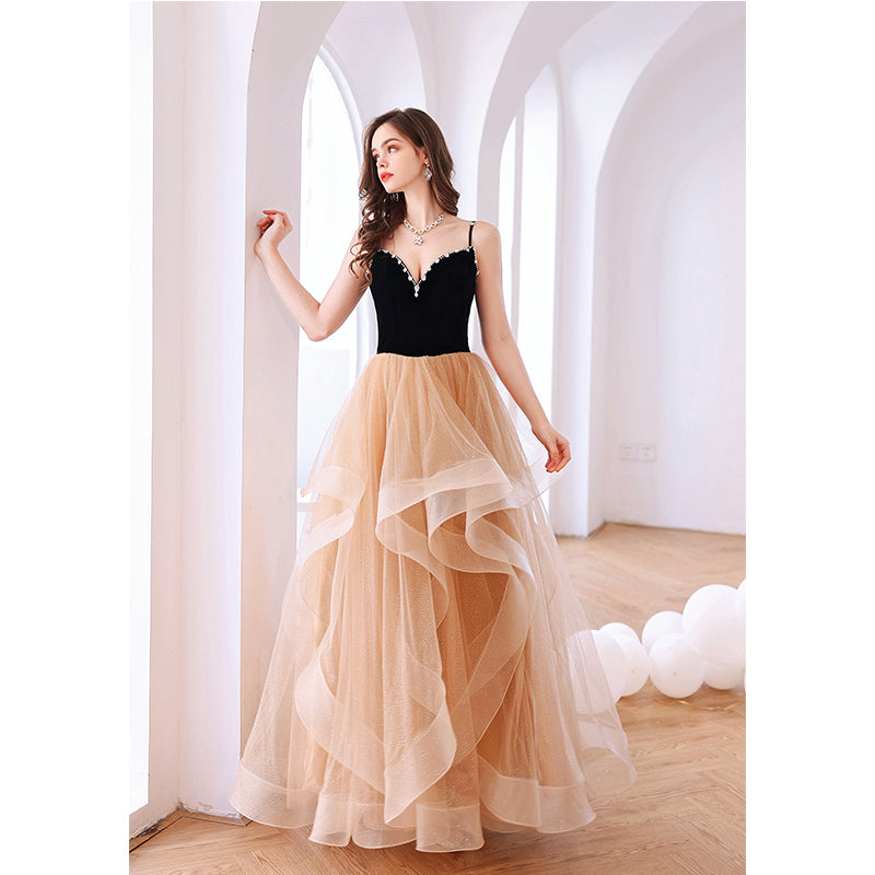 Champagne Layers Tulle with Velvet Straps Party Dress, Long Evening Gown