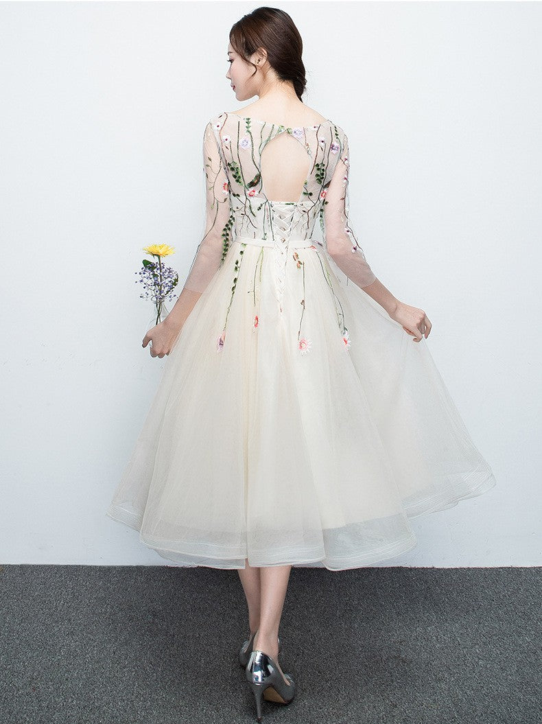 Light Champagne Tea Length Floral Lace Formal Dress Bridesmaid Dress, Cutedressy Light Champagne Tea Length Floral Lace Formal Dress Bridesmaid Dress, Cutedressy