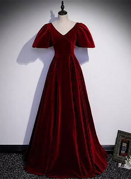 Wine Red Velvet Puffy Short Sleeves Party Dress, Velvet Long Bridesmaid Dress