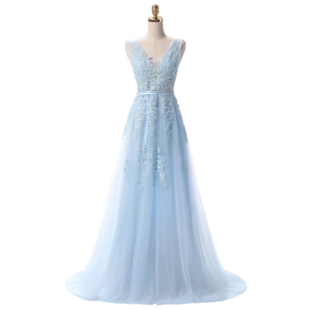 Light Blue Tulle V-neckline Straps with Lace Long Party Dress, Blue A-line Prom Dress main image 0