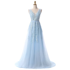 Light Blue V-neckline Tulle with Lace Applique Long Dress, Prom Dress