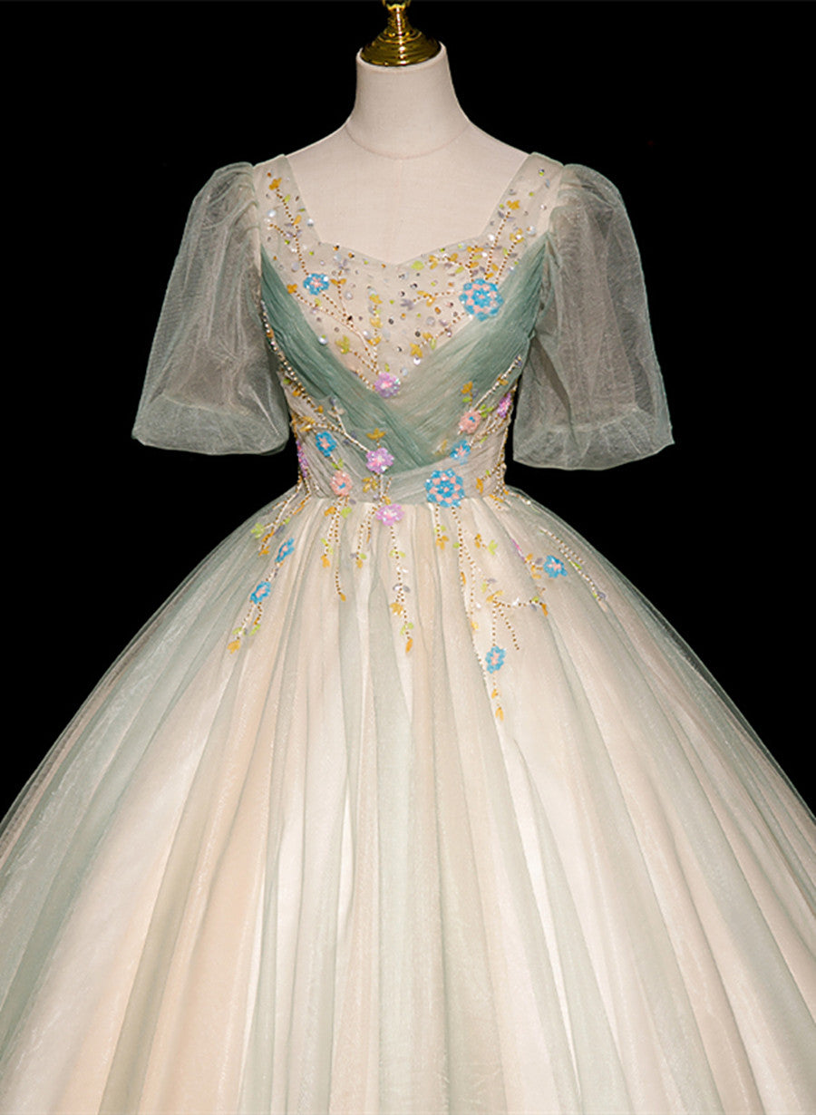 Lovely Green and Champagne Ball Gown Long Party Dress, Short Sleeves S Cutedressy Lovely Green and Champagne Ball Gown Long Party Dress, Short Sleeves S Cutedressy