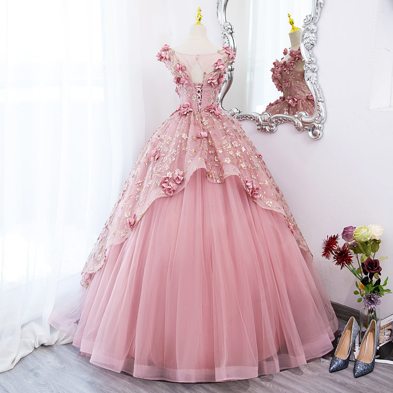 Lovely Pink Tulle Long Party Dress with Flowers, Pink Tulle Sweet 16 Gown