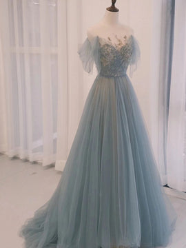 Blue Tulle Sweetheart Off Shoulder Long Party Dress, Elegant Evening Dress