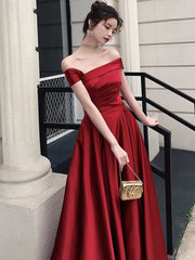 Red Satin Off Shoulder Fashionable Long Prom Dress, New Style Party Dress