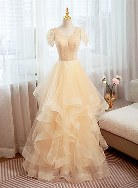 Champagne Tulle Short Sleeves with Beaded Long Party Dress, Champagne Prom Dress