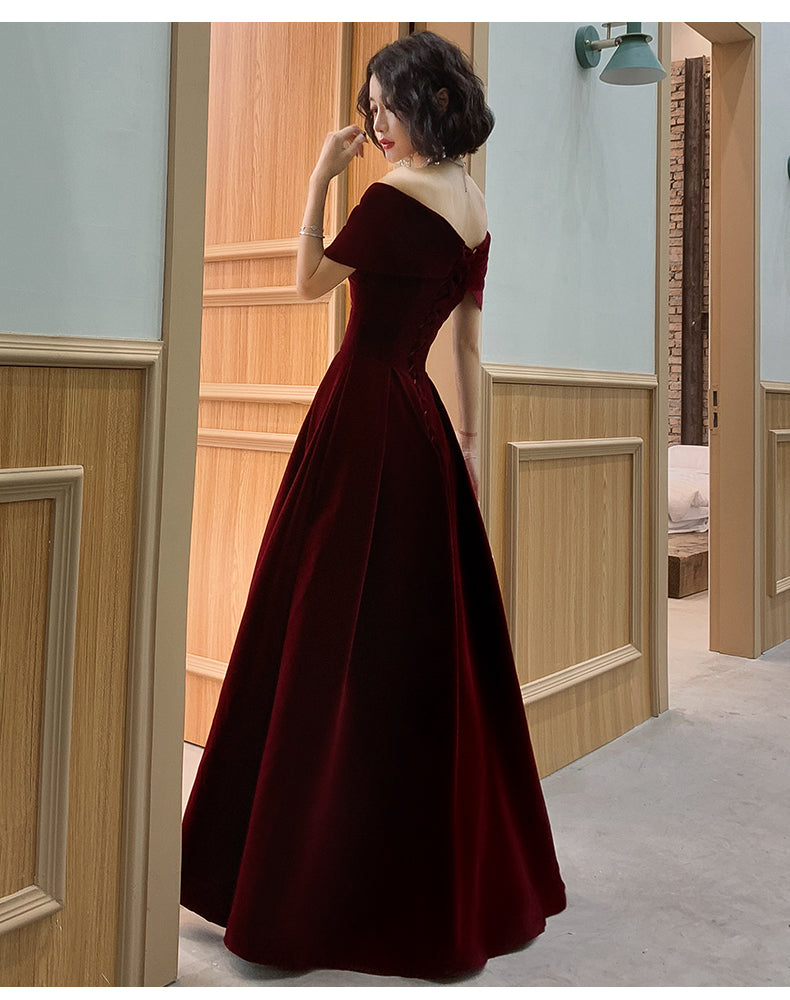 Beautiful Dark Red Velvet Off Shoulder Bridesmaid Dress, A-line Long Prom Dress Beautiful Dark Red Velvet Off Shoulder Bridesmaid Dress, A-line Long Prom Dress