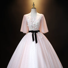 Lovely Pink Short Sleeves Tulle Ball Gown Shiny Sweet 16 Dress, Pink Formal Dress Party Dress