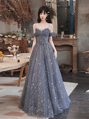Lovely Off Shoulder Beaded Tulle Prom Dress Party Dress, Beaded A-line Evening Dresses