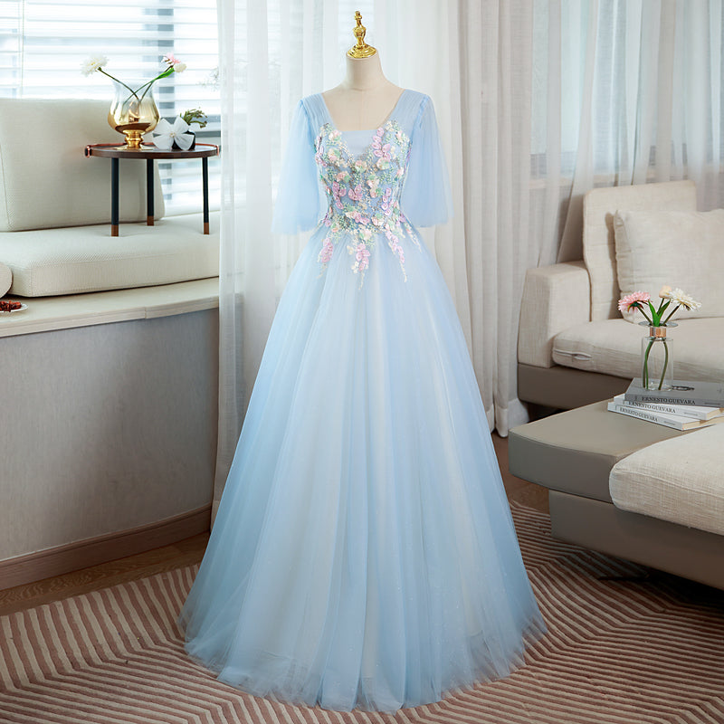 Light Blue V-neckline Long Puffy Sleeves Party Dress, Blue Evening Gown Light Blue V-neckline Long Puffy Sleeves Party Dress, Blue Evening Gown