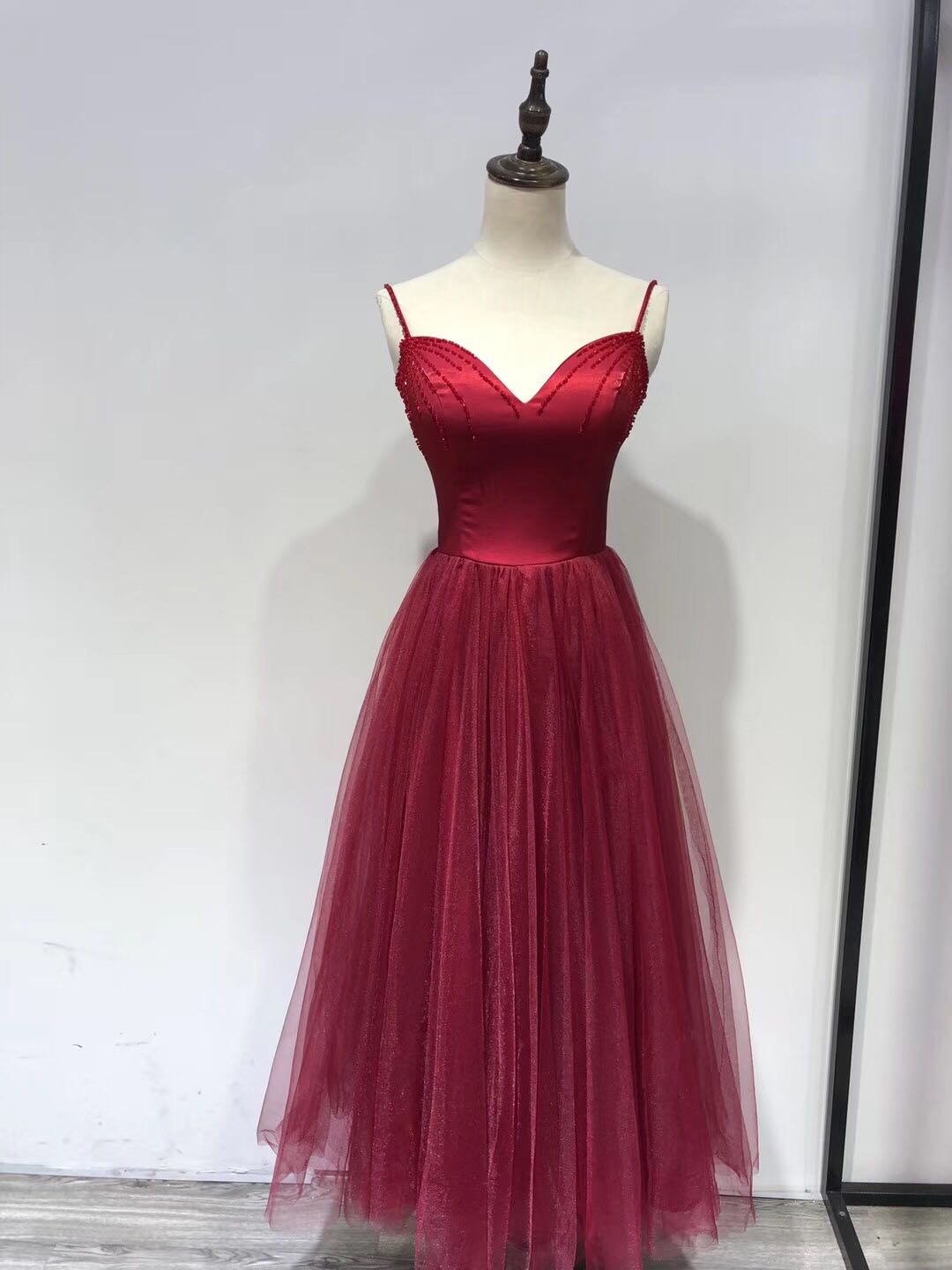 Beautiful Wine Red Straps Beaded Tea Length Wedding Party Dress, Prom Dress
