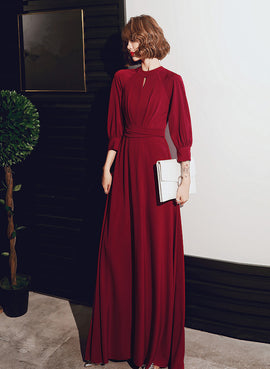 Wine Red Chiffon Long Sleeves Formal Dress, Wine Red Long Prom Dress