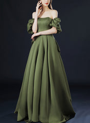 Green Satin Long Party Dress with Short Sleeves, Green A-line Low Back Prom Dress