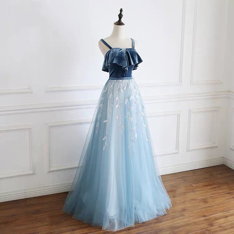 Blue Straps Beautiful Tulle and Velvet Long Party Dress, A-line Blue Evening Dress