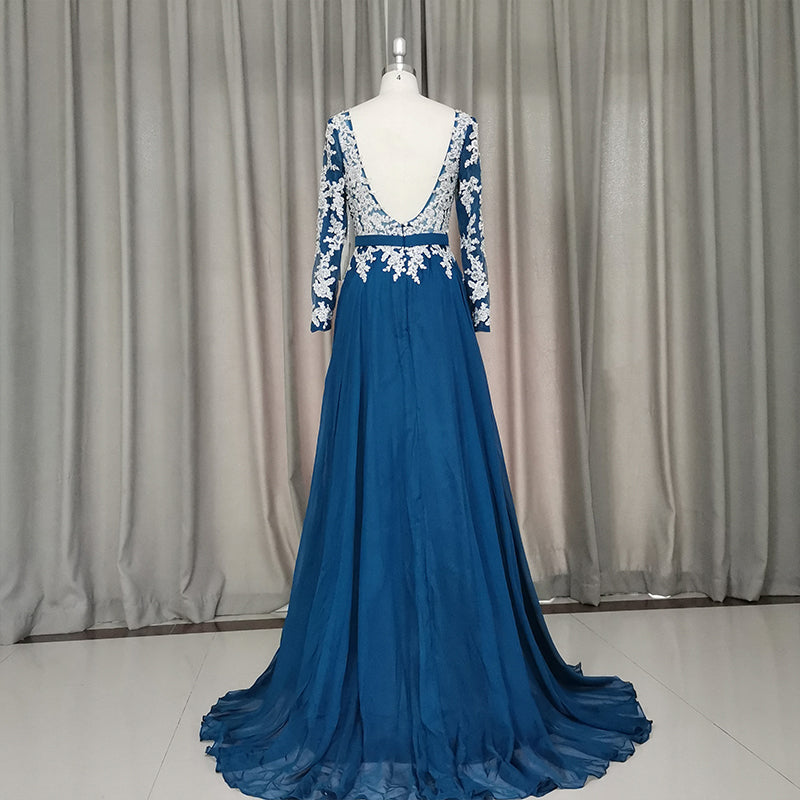 Beautiful Chiffon Long Sleeves Party Dress with Lace Applique, Prom Dress