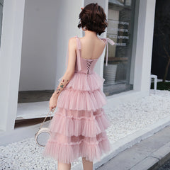 Lovely Pink Straps Layers Tea Length Wedding Party Dress, Pink Formal Dress